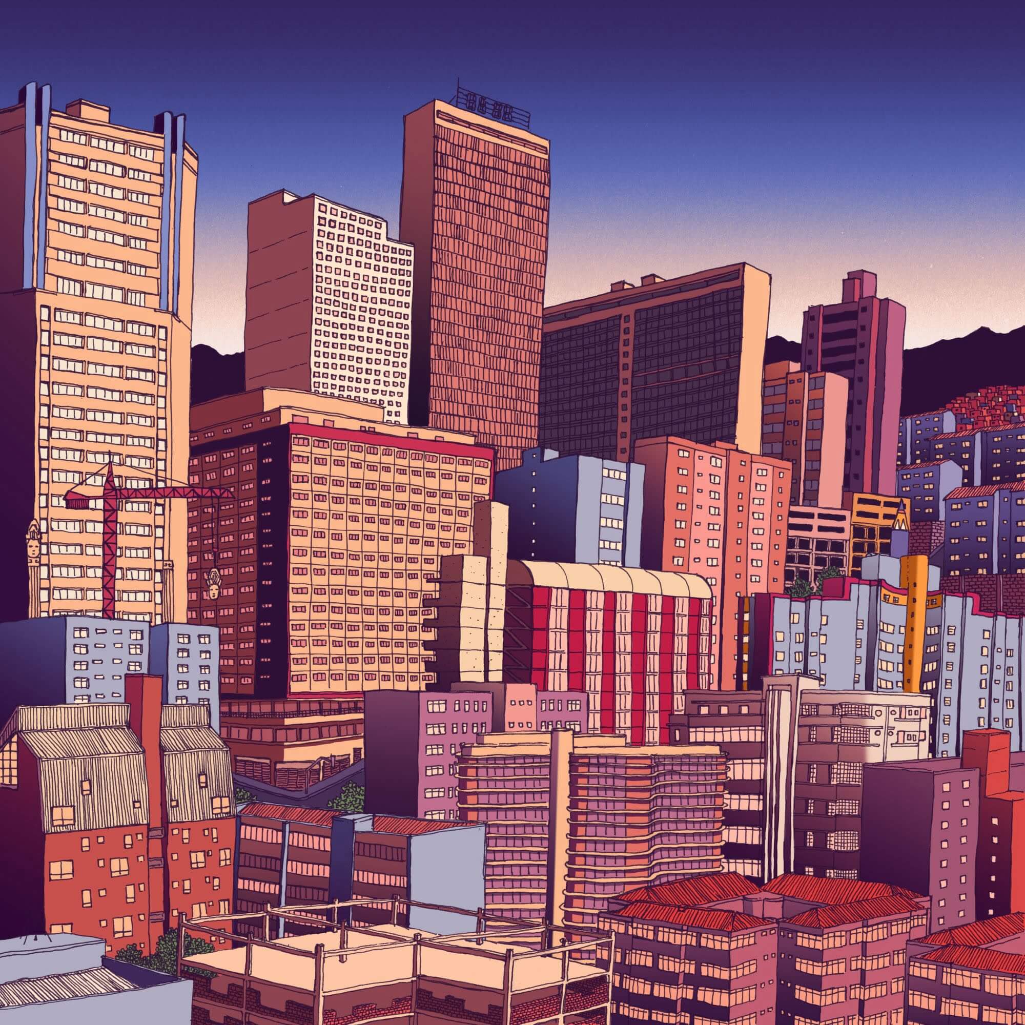 Ilustração de uma paisagem urbana com vários prédios de Belo Horizonte.