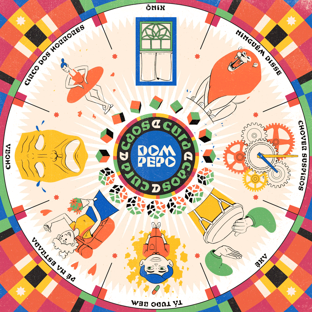 Capa do álbum Caos & Cura da banda Dom Pepo. Um círculo dividido em oito fatias com animações representando as músicas.