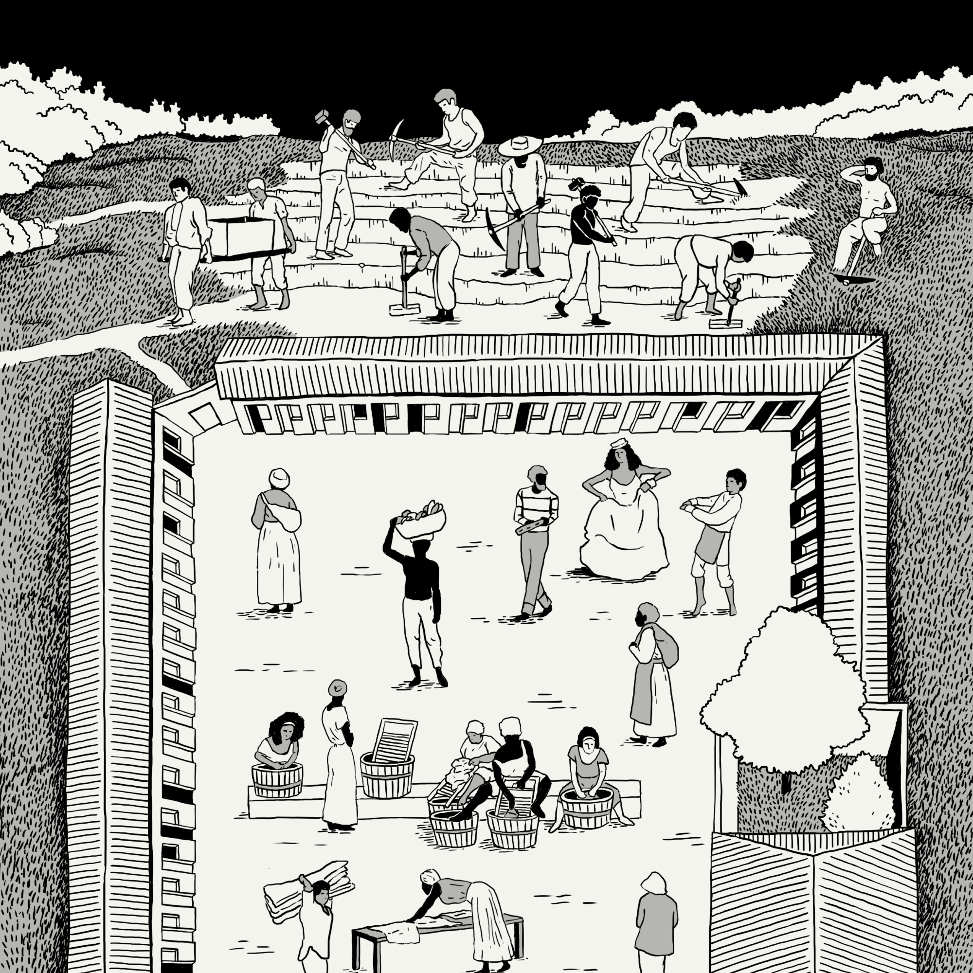 Ilustração de um cortiço carioca inspirado no livro “O Cortiço” de Aluísio Azevedo.