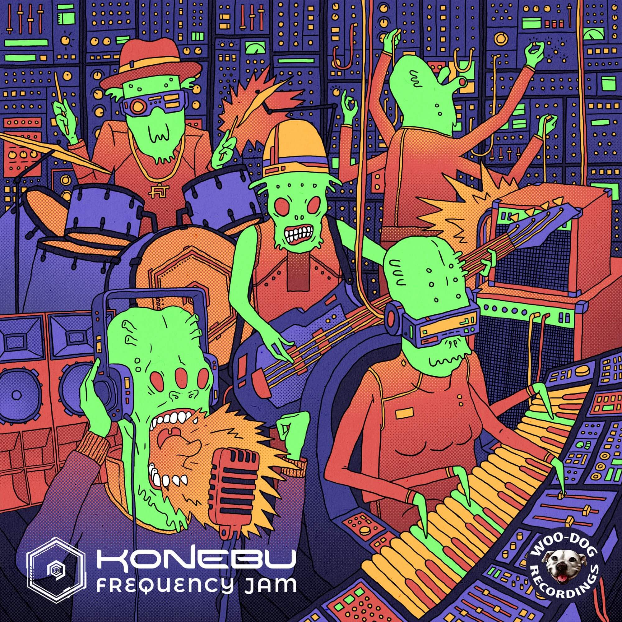 Ilustração de uma banda de cinco alienígenas: um cantor, um tocando um sintetizador, um baterista, um baixista e um teclado.
