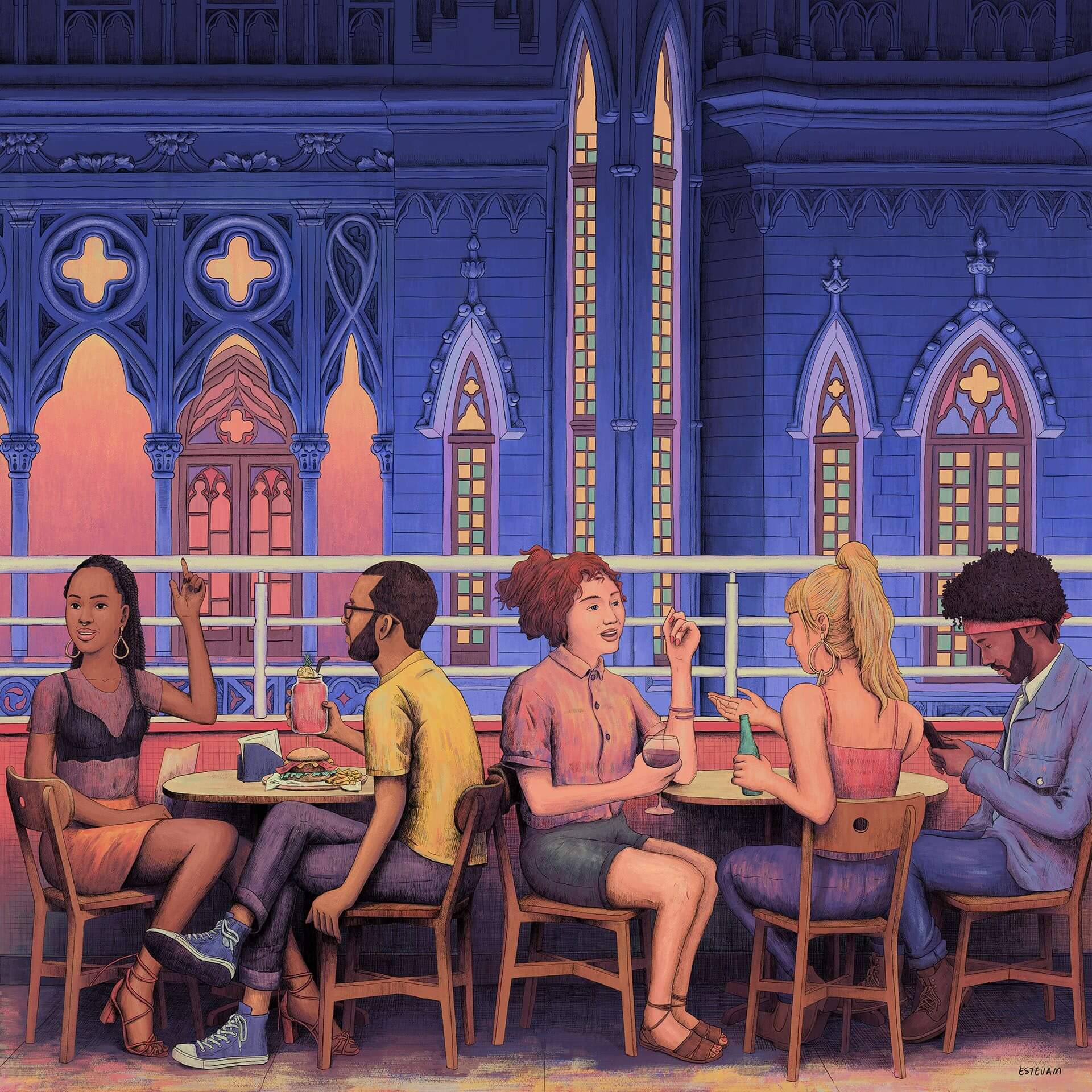 Ilustração de pessoas bebendo e conversando na varanda do edifício Maletta.