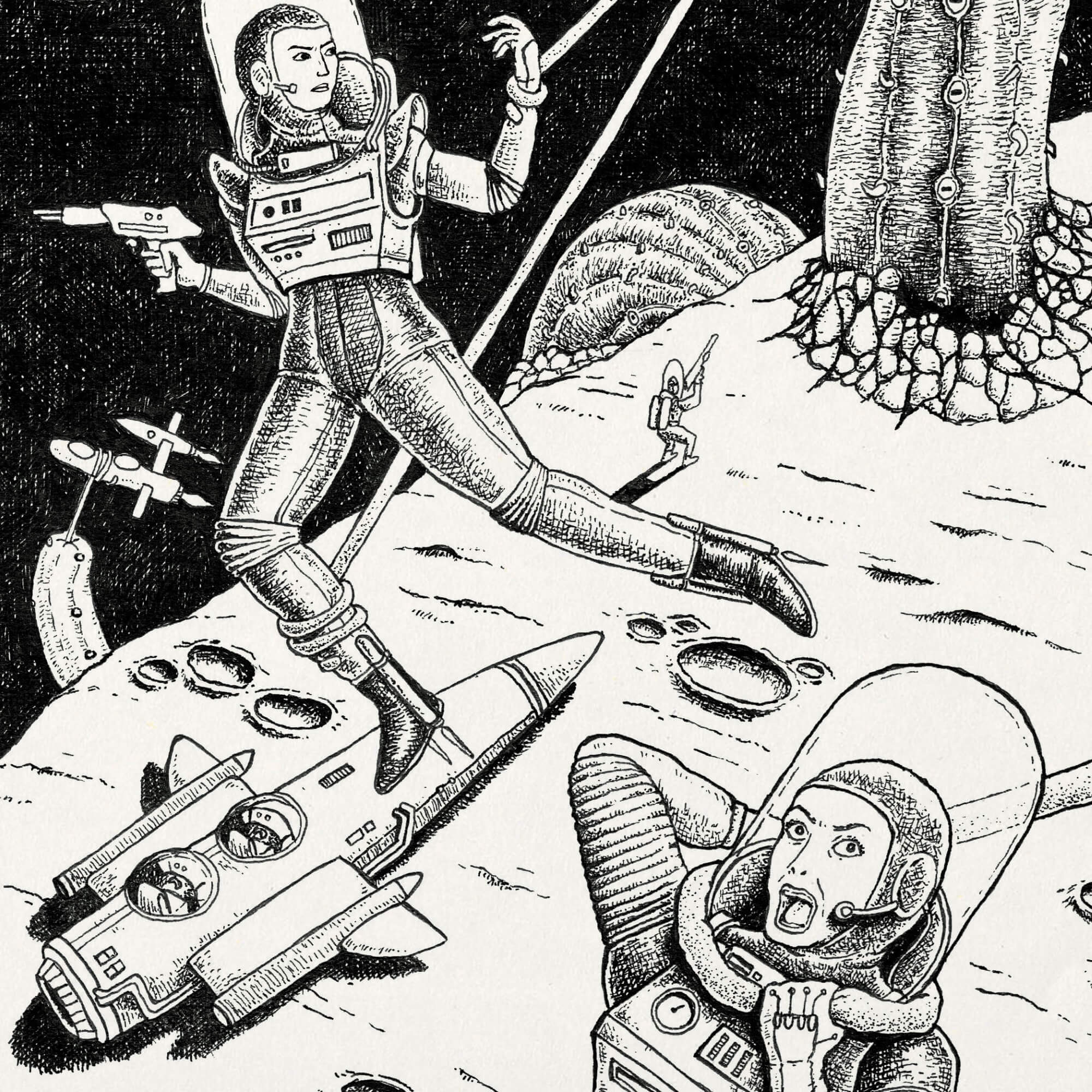 Ilustração de pessoas em trajes espaciais voando sobre um asteróide e combatendo um verme gigante.