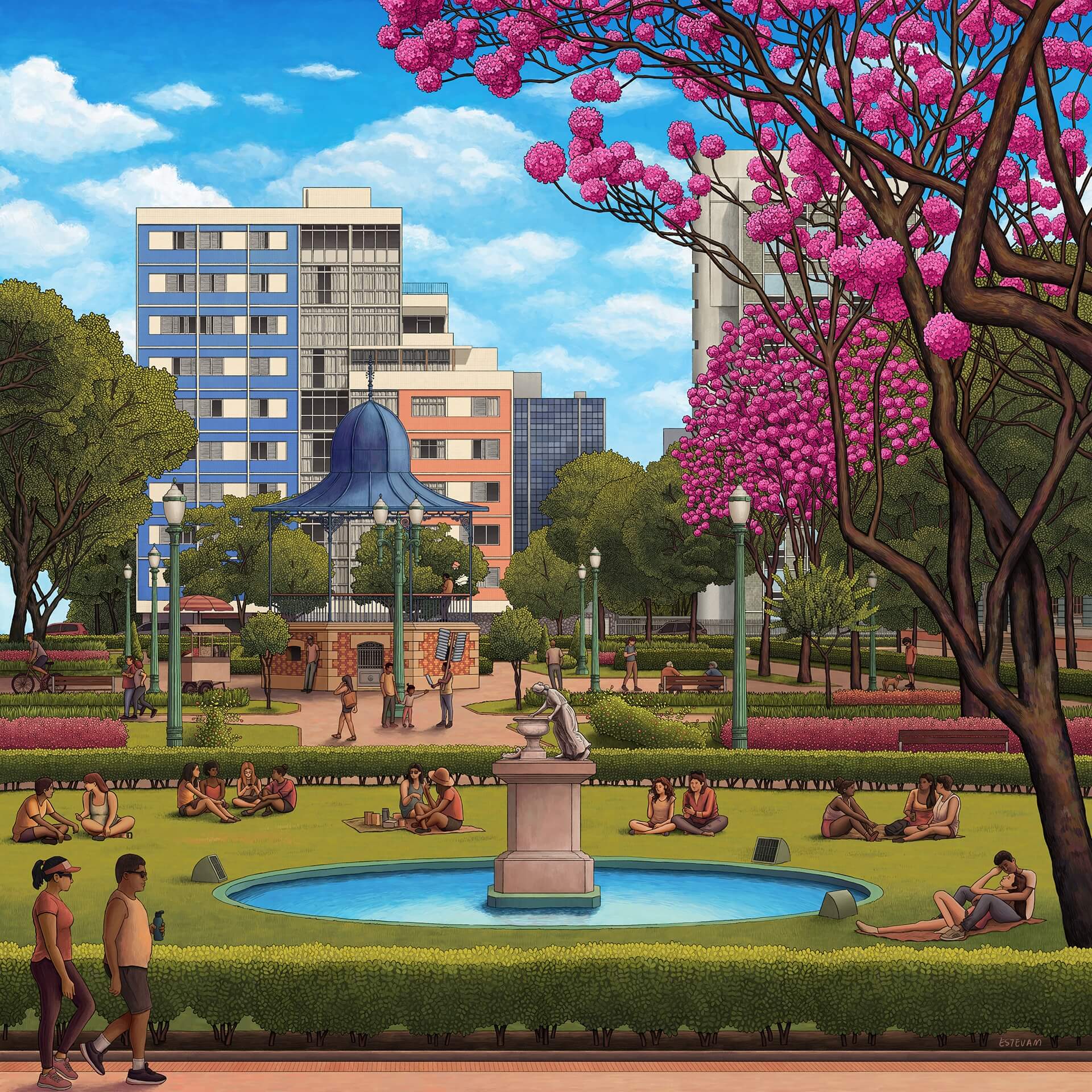 Ilustração de um dia de sol na Praça da Liberdade, em Belo Horizonte. A vista mostra o edifício Mape no fundo, o coreto e o jardim com uma fonte em primeiro plano. Pessoas sentadas na grama em volta da fonte, um casal fazendo caminhada na frente e várias outras pessoas em torno do coreto.